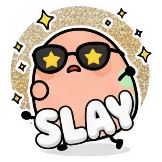 Egg character with glitter background and star glasses text SLAY Puffy Egg Pals sticker for expressive chats and social replies.