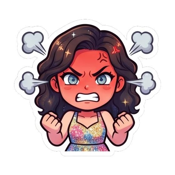 Girl looking furious with steam coming out of ears Sparkly Curly Girl Daily sticker for expressive chats and social replies.