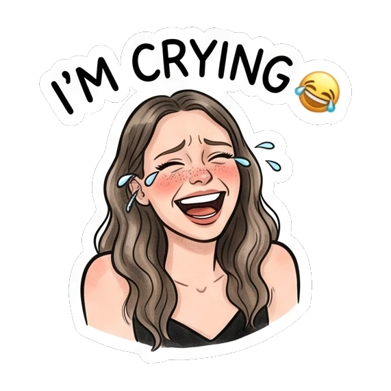 Crying girl laughing with tears, text I'M CRYING Daily Moods of a Girl sticker for expressive chats and social replies.