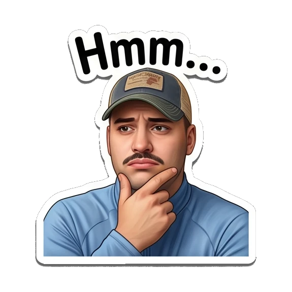 Man with mustache in cap thinking with hand on chin Mustache Guy Daily Vibes sticker for expressive chats and social replies.