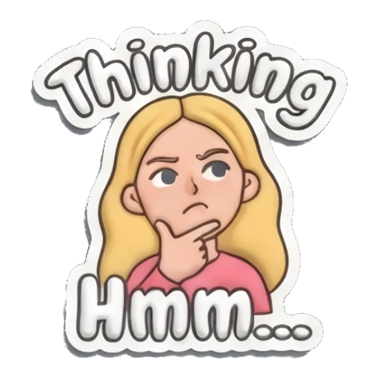 Blonde girl pondering with hand on chin and Thinking text Playful Blonde Girl Expressions sticker for expressive chats and social replies.
