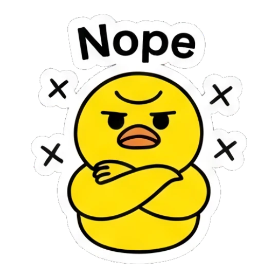 Stern yellow duck with crossed arms and X marks with text 'Nope' Keith Haring Style Yellow Duck sticker for expressive chats and social replies.