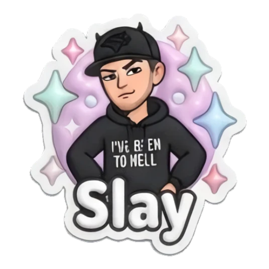 Guy looking confident with sparkles with text Slay Custom camojis sticker for expressive chats and social replies.