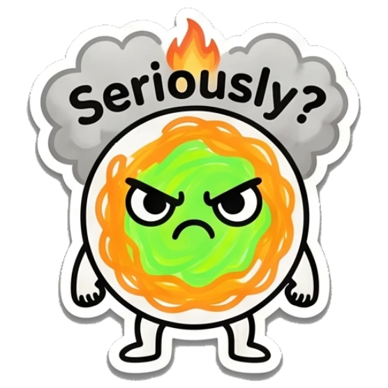 Angry spaghetti character with a storm cloud and 'Seriously?' text. Spaghetti Buddy Expressions sticker for expressive chats and social replies.