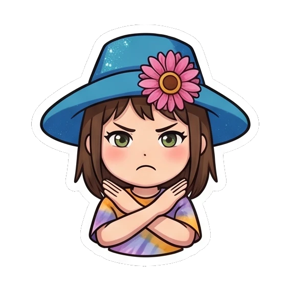 Girl in blue hat crossing arms with a grumpy face Summer Hat Girl Adventures sticker for expressive chats and social replies.