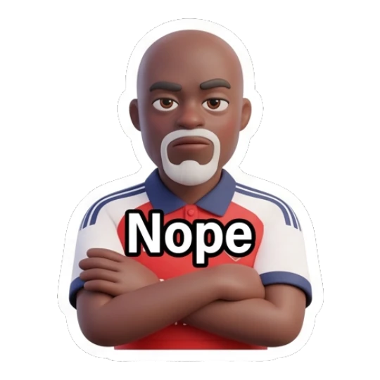 Man with arms crossed looking firm with text Nope Arsenal Fan Emotions sticker for expressive chats and social replies.