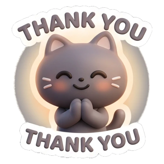 Grateful grey cat with hands together saying thank you. Moody Grey Cat Daily sticker for expressive chats and social replies.