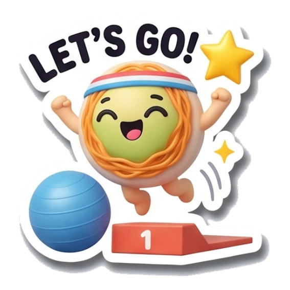 Noodle character jumping for joy with LET'S GO! text Gym Buddy Noodles sticker for expressive chats and social replies.
