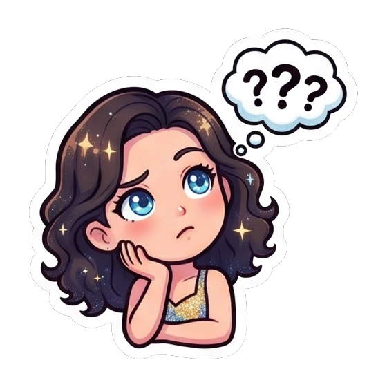 Girl thinking with a question mark bubble Sparkly Curly Girl Daily sticker for expressive chats and social replies.