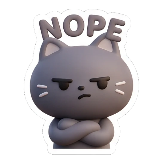 Annoyed grey cat with crossed arms saying nope. Moody Grey Cat Daily sticker for expressive chats and social replies.