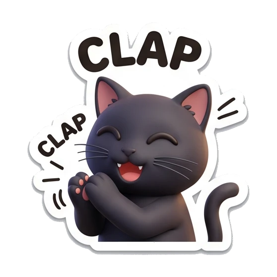 Black cat clapping hands happily, text Clap. Playful Black Cat Moods sticker for expressive chats and social replies.