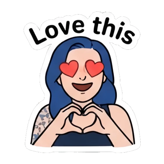 Happy girl forming a heart shape with her hands saying Love this. Blue Hair Girl Daily Life sticker for expressive chats and social replies.