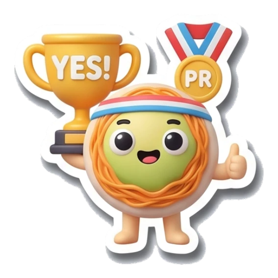 Noodle character holding a trophy with YES! text Gym Buddy Noodles sticker for expressive chats and social replies.
