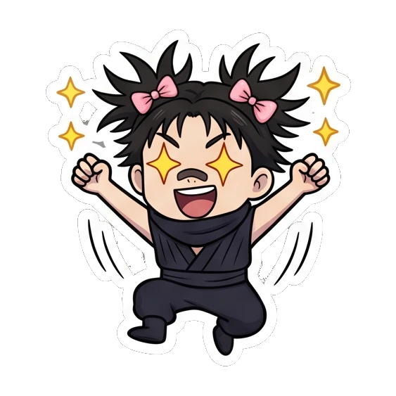 Ninja girl jumping with excitement and star-shaped eyes. Spiky Hair Ninja Girl sticker for expressive chats and social replies.
