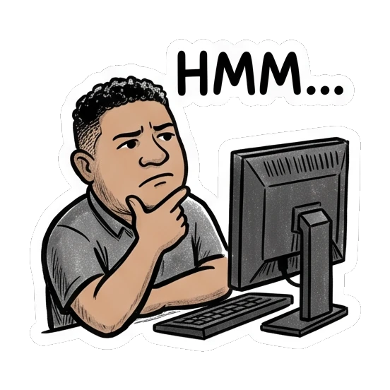 Photographer thinking deeply while looking at a computer Studio Life Guy sticker for expressive chats and social replies.