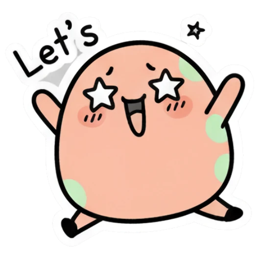 Excited blob character with star eyes waving with 'Let's' text. Doodle Blob Emotions sticker for expressive chats and social replies.