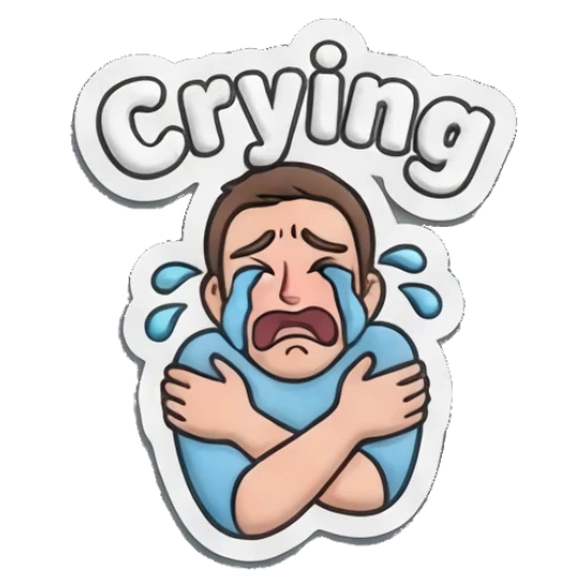 Man crying with arms crossed and tears with text Crying Everyday Guy Expressions sticker for expressive chats and social replies.