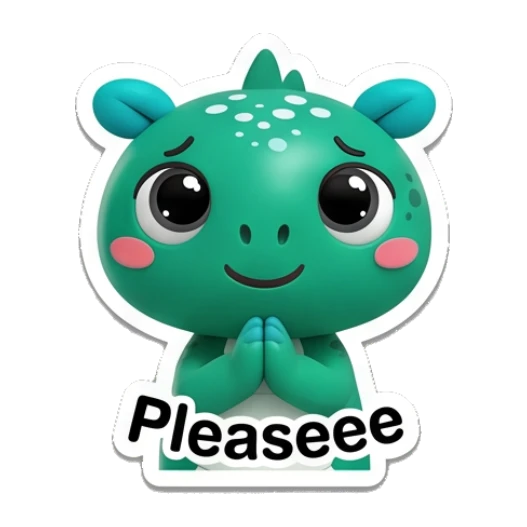 Teal dino looking pleading with hands together and Pleaseee text. Teal Dino Daily Moods sticker for expressive chats and social replies.