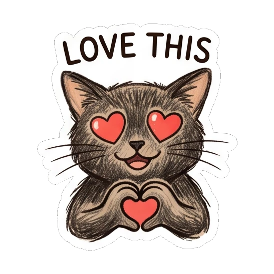 Loving black cat with heart eyes and LOVE THIS text Charcoal Sketch Kitties sticker for expressive chats and social replies.