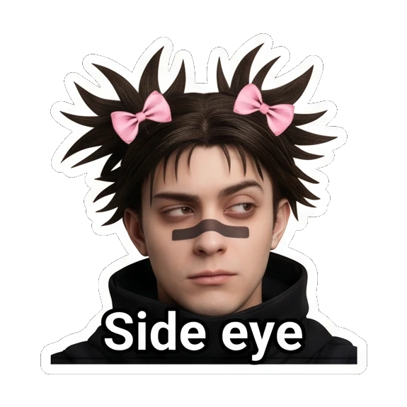 Skeptical young man with side-eye glance and text Side eye Spiky Hair Boy Reactions sticker for expressive chats and social replies.