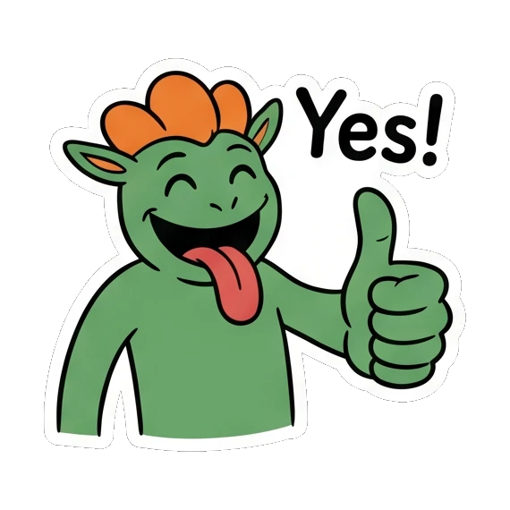 Cheerful green goblin giving a thumbs up, text Yes! Green Goblin Mischief sticker for expressive chats and social replies.