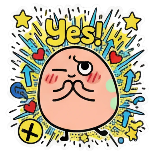 Happy egg character with blushing cheeks and 'Yes!' text. Keith Haring Style Egg Expressions sticker for expressive chats and social replies.