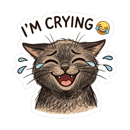 Laughing black cat with tears of joy and IM CRYING text Charcoal Sketch Kitties sticker for expressive chats and social replies.