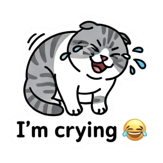 Crying gray cat laughing through tears with text I'm crying Gray Tabby Moods sticker for expressive chats and social replies.