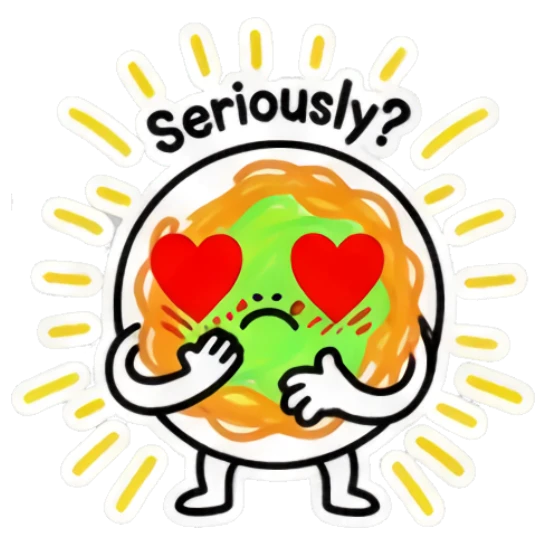 Loving noodle character with heart eyes and 'Seriously?' text. Spicy Noodle Moods sticker for expressive chats and social replies.