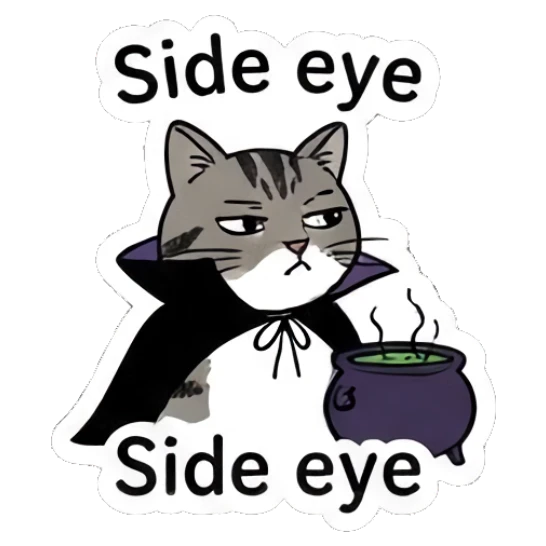 Skeptical tabby cat in vampire cape, text Side eye Spooky Tabby Cat Adventures sticker for expressive chats and social replies.