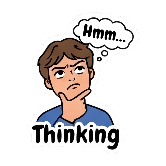 Boy thinking with 'Hmm...' text Cool Guy Daily Vibes sticker for expressive chats and social replies.