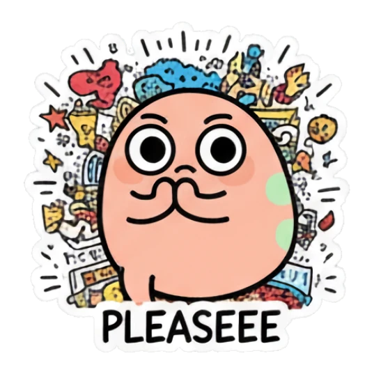 Doodle egg with a mustache looking expectant, text PLEASEEE Doodle Egg Adventures sticker for expressive chats and social replies.