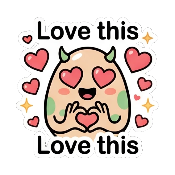 Egg with heart-shaped eyes and hands in heart shape saying Love this. Little Spotted Egg Emotions sticker for expressive chats and social replies.