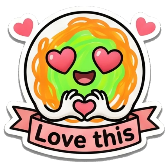 Loving spaghetti character making a heart shape with 'Love this' text. Spaghetti Buddy Expressions sticker for expressive chats and social replies.