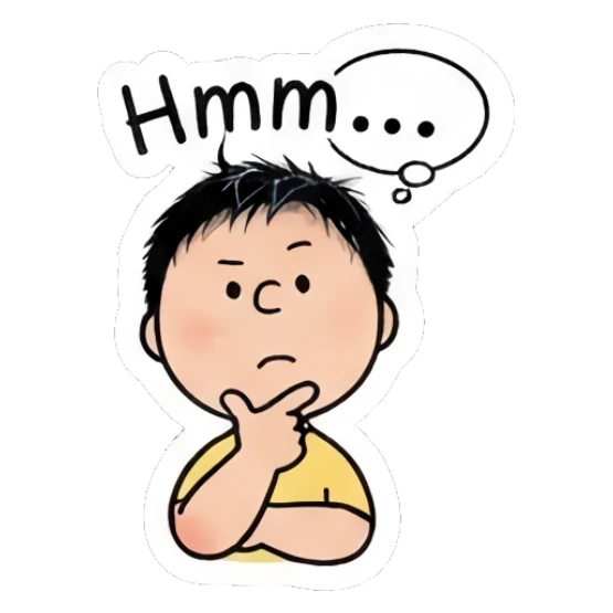 Boy resting chin on hand in a thoughtful pose saying Hmm. Daily Life of a Cartoon Boy sticker for expressive chats and social replies.