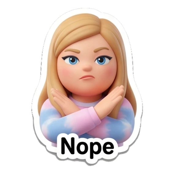 Blonde girl making a cross gesture with arms, text Nope Blonde Girl Daily Vibes sticker for expressive chats and social replies.