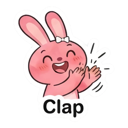 Excited pink bunny clapping hands saying Clap Pink Bunny Moods sticker for expressive chats and social replies.