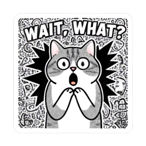 Shocked grey cat with wide eyes and text WAIT WHAT Doodle Cat Daily Vibes sticker for expressive chats and social replies.