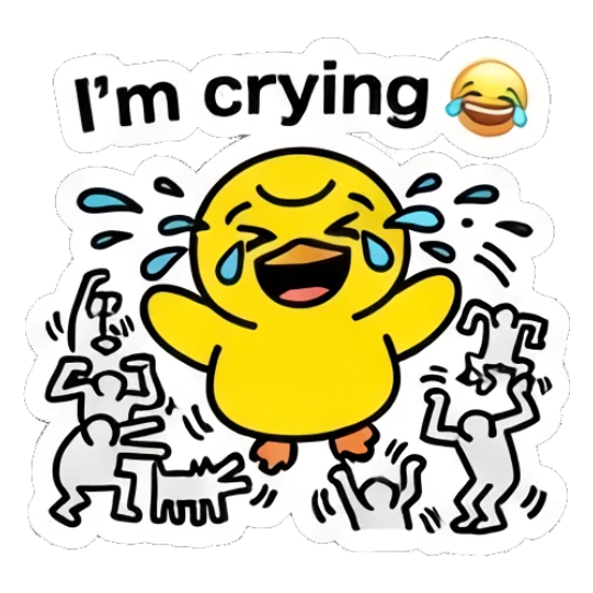Crying yellow duck surrounded by figures with text 'I'm crying' Keith Haring Style Yellow Duck sticker for expressive chats and social replies.