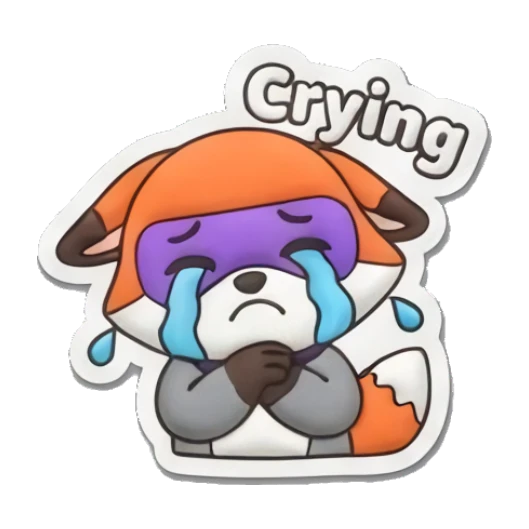 Sad fox crying with blue tears. Hero Fox Puff sticker for expressive chats and social replies.