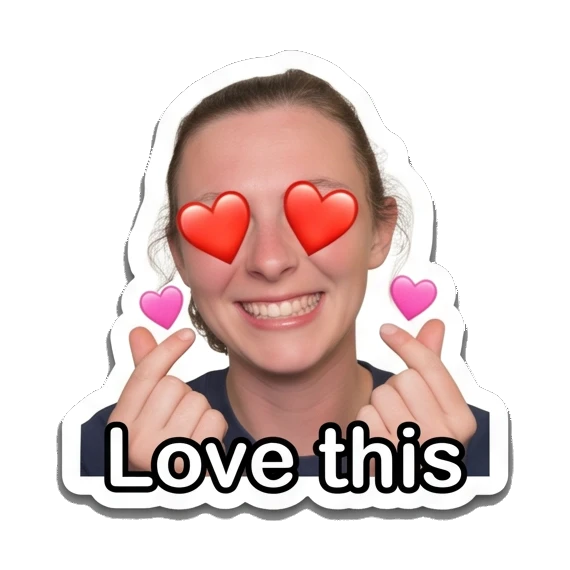 Young woman smiling and making a heart gesture with fingers, text 'Love this' Daily Life of a Girl sticker for expressive chats and social replies.