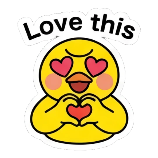 Happy yellow duck making a heart shape with eyes with text 'Love this' Keith Haring Style Yellow Duck sticker for expressive chats and social replies.