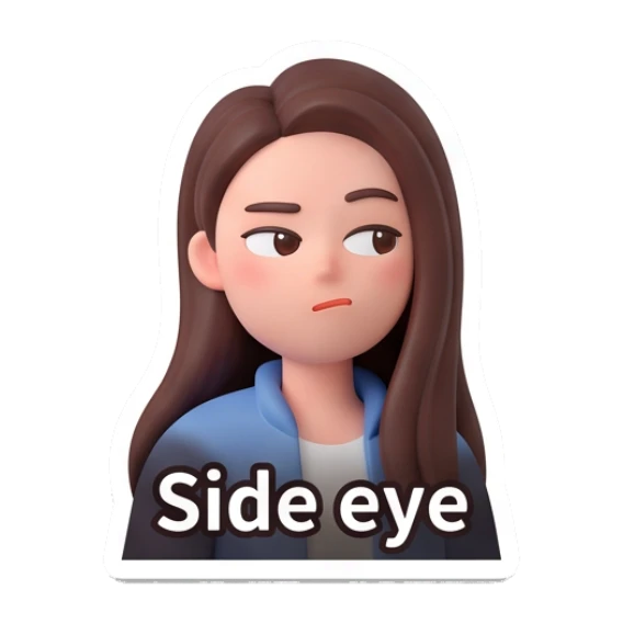 Girl looking sideways, skeptical, text 'Side eye' Modern Girl Daily Life sticker for expressive chats and social replies.