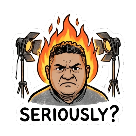 Photographer looking angry with flames behind him Studio Life Guy sticker for expressive chats and social replies.