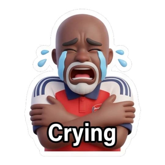 Man crying loudly with arms crossed with text Crying Arsenal Fan Emotions sticker for expressive chats and social replies.