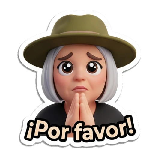 Explorer lady praying with pleading eyes with text Por favor Adventurous Explorer Lady sticker for expressive chats and social replies.