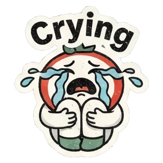 Sad tomato character crying while hugging knees with text Crying Retro Tomato Moods sticker for expressive chats and social replies.
