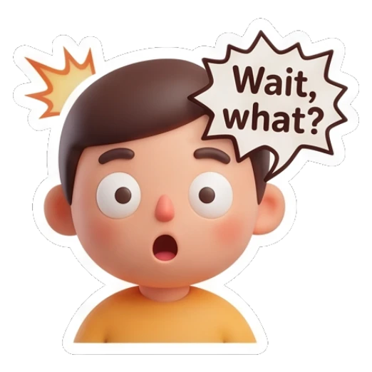 Surprised boy with wide eyes saying Wait what in a speech bubble. Cute Boy Daily Expressions sticker for expressive chats and social replies.