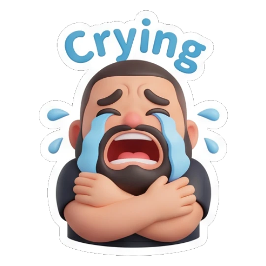 Bearded man crying loudly with arms crossed. Bearded Buddy Expressions sticker for expressive chats and social replies.