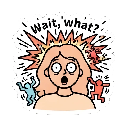 Girl looking shocked with explosive background, text Wait what Keith Haring Style Girl sticker for expressive chats and social replies.